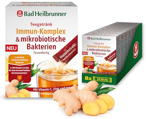 Bad Heilbrunner Bio Immun-Komplex & mikrobiotische Bakterien – Teesticks – Wohltuendes Teegetränk mit Kräuter und Ingwer-Extrakt – leicht würziges Aroma (8 x 10 Teesticks)