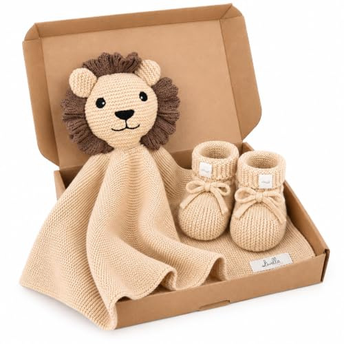 Livella Kuscheltuch Löwe mit Söckchen – Kuscheltier aus 100% Bio-Baumwolle | mit Geschenkbox, 40 x 40 cm, weiche Strickstruktur, atmungsaktiv & maschinenwaschbar, OEKO-TEX 100, inkl. Babysöckchen