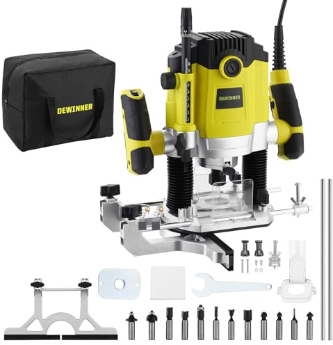 DEWINNER Router 1800W 10000-26000RPM with Canvas Bag, Professional Vertical Fresatrice with Set of 12 Wood Router Bits Set, 3 Collets 6/8/12mm, 7 Variable Speeds,Routing Depth Adjustment.