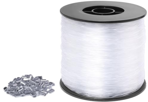 Storystore Nylonfaden Transparent Reißfest - 200M Angelschnur Transparent | Universelle Durchsichtige Schnur mit 100 Stk Alu-Klemmhülsen, Angelsehne zum Aufhängen für DIY Bastelarbeiten Angel