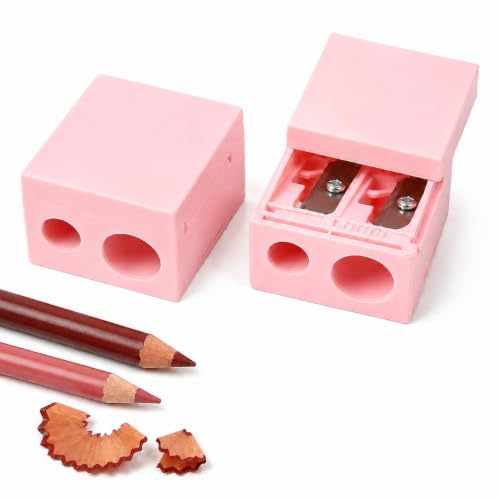 2 Pack Dual Hole Makeup Pencil Sharpener, Fits Regular & Large Lip/Eye/Brow Pencils, Perfect Points with Built-in Cleaning Pick, Portable Compact Cosmetic Sharpener, Pink