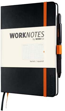 WORKNOTES Notizbuch a5 kariert - Das Notebook für Kreative und Macher von Workflo, 192 perforierte Seiten, Tintenfestes Papier, 100 g/m², Hardcover in schwarz, inkl. Stiftlasche und Dokumententasche