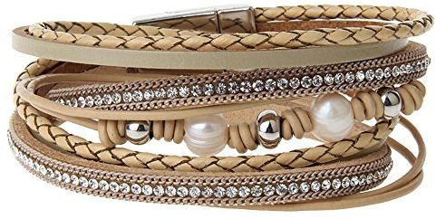 Cheerlife Leder Wickelarmband mit Flechtelement Strass Perlen Armband geflochten Armschmuck Magnetverschluss