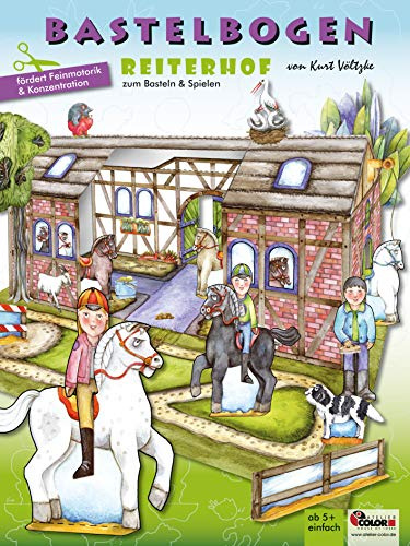 ATELIER COLOR Reiterhof Bastelbogen bespielbarer Pferdestall mit Pferden Basteln aus Papier zum Ausschneiden für Mädchen ab 5+ Jahren Papiermodelle zum Spielen