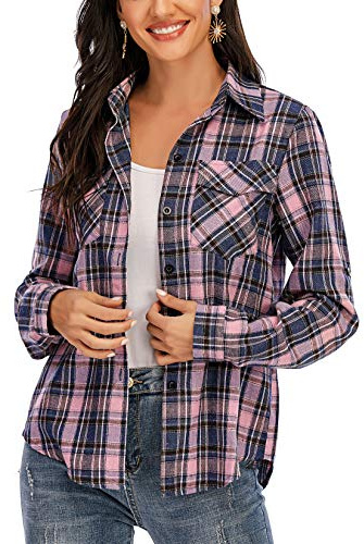 Enjoyoself dam, rutig blus, långärmad, rutiga flanellskjortor, 100 % bomull, button-down skjortblus för vardag och oktoberfest, Rosa-blå, XL