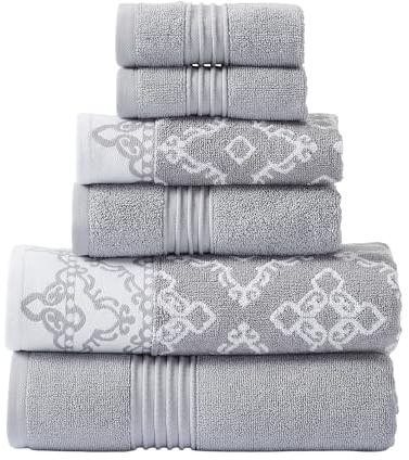 Modern Threads Charlize Stone - Juego de 6 Piezas, 2 Toallas de baño, 2 Toallas de Mano y 2 Toallas pequeñas, Juego de Toallas de Hilo teñido Jacquard/Liso