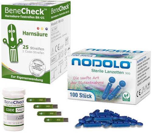 BeneCheck Harnsäure Teststreifen 25 Stück und 100 Nodolo Lanzetten im Bundle