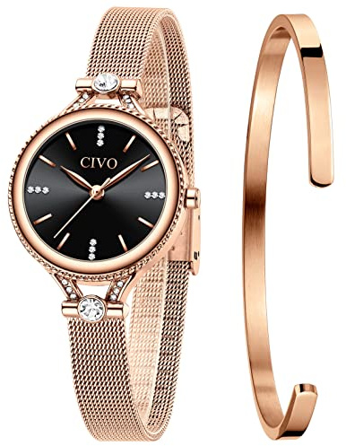 CIVO Reloje Mujer Set Impermeable Ultra Minimalistas Reloj Oro Rosa Damas Cuadrado Malla Minimalista Elegante Banda Cielo Estrellado Acero Inoxidable Relojes Pulsera Reloj