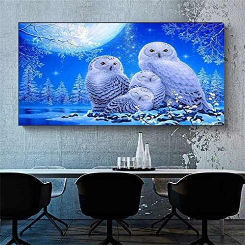 Diamond Painting Bilder Full Blauer Himmel - Mond -Eule 5D DIY Diamant Malerei Kinder Erwachsene Mosaik Strass Basteln Dekoration für Wohnzimmer oder Schlafzimmer Wall Décor 60x80cm/24x32inch Round
