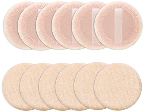 Sibba Loose Powder Puff 12 Pieces Round Velour Face Makeup Compact Body Container Setting Pressed Blending Foundation Cream Make Up Ribbon Strap Sponge Cushion Applicator (Skin Color)