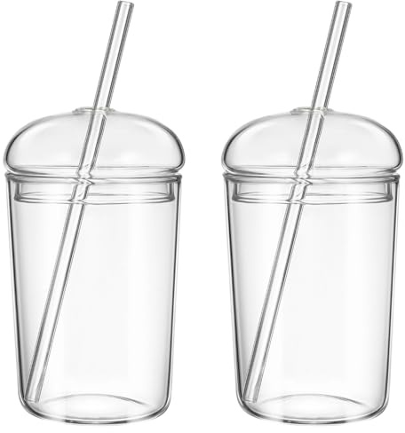 YARNOW 2 Stück Gläser mit Deckel und Strohhalm Eiskaffee GläSer Bubble Tea Becher Trinkglas mit Strohhalm und Deckel, Saftbecher, Smoothie Becher, Kaffeetassen