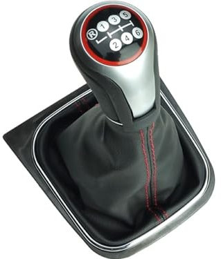 Newtown2700-parts Schaltknauf Schaltmanschette Rahmen kompatibel für VW Golf 5 V Golf 6 VI Jetta Scirocco Komplettset 1K0711113 5K0711113 1K8711113 6 Gang Silber rote Naht