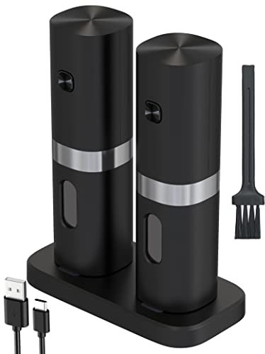 IraXpro Juego de Molinillo de Sal y Pimienta Electrico, Grosoridad de Molido Ajustable,con Recargable Base,Cable de Carga USB Tipo-c,Cepillo de Limpieza,Luz LED,Negro,2 Pack(Negro-Recargable)