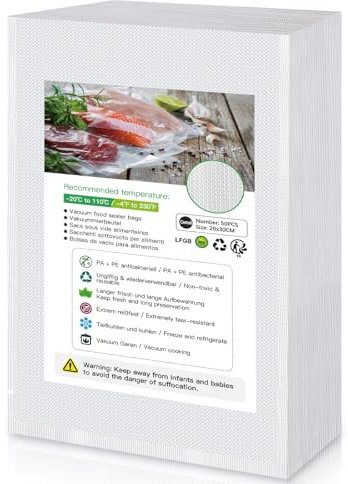 BoxLegend Bolsas para Envasar al Vacio, Bolsas de Vacío para Alimentos 20x30cm/50 Bolsas Para Conservación al Vacío de Alimentos, Bolsas de Vacío Gofradas Sin BPA Bolsa de Compresión Sellada