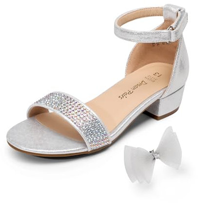 DREAM PAIRS mädchen sandalen Sommer Kinder Prinzessin Schuhe Abnehmbare Schleife Niedriger Knöchelriemen Absatz High Heels Mary Jane Schuhe,Size 33.5,Silber,SDSD2320K