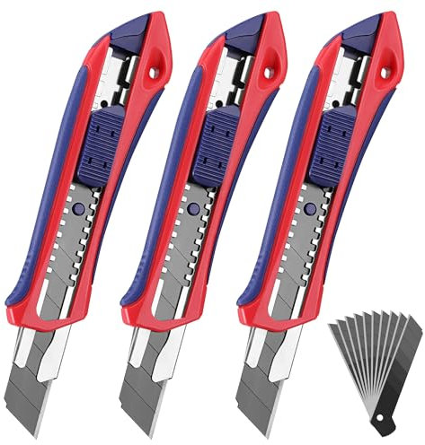 WORKPRO 3 Stück Cuttermesser Set 18mm mit 10 Ersatzklingen aus SK5, Cuttermesser Profi mit Gummigriff, Abbrechklinge Kartonmesser, Mehrzweck Messer Allzweckmesser, Schneiden zum Papier, Karton