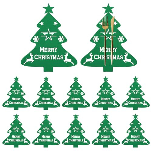 Weysoo Bestecktasche Weihnachten, 12 Stück Weihnachtsbaum Besteckhalter Weihnachten, Weihnachten Tischdeko Filz, Weihnachtsdeko für Party Abendessen Gabel Dekor (Grün)