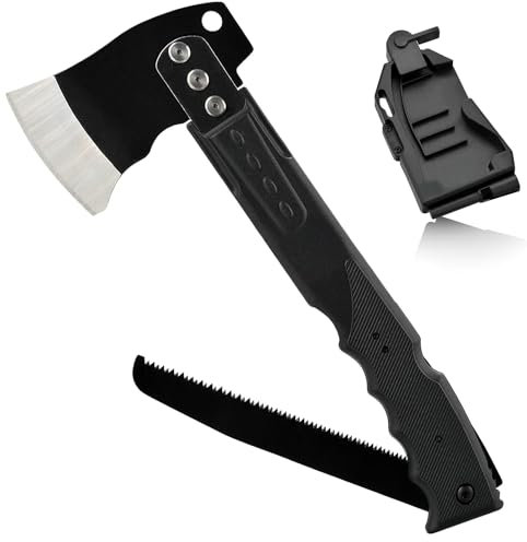 Scharfe Camping Beil mit Axt mit Säge, Schwarz Camping Beil mit Scheide, 14'' Camping Axt, Spaltaxt Outdoor für Camping Wandern Survival