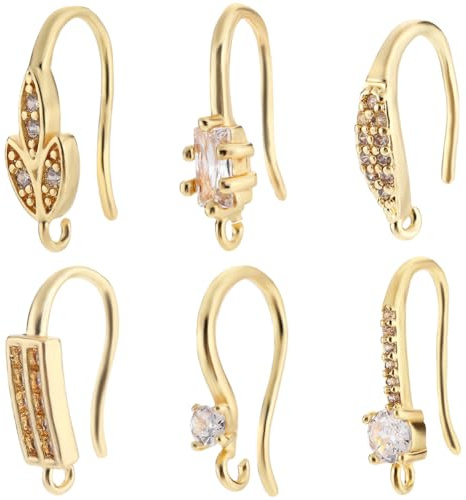 Beebeecraft 1 Box 24 Stück Ohrhaken Aus 18 Karat Vergoldetem Messing Mit Kubischem Zirkonia 6 Stil-Ohrringhaken Mit Schlaufe Baumelnde Fischhaken Für Die Herstellung von Ohrringen Und Schmuck