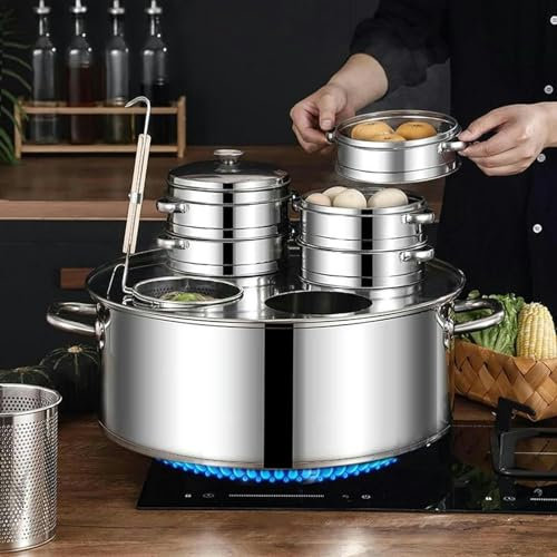 Pentole, Pentola in Acciaio Inossidabile 3/4/5 Fori, Pentola per Zuppa di Pasta all-in-One con Coperchio, Pentola, Pentola A Induzione, Pentola per Salse Compatibile con Tutti I FO