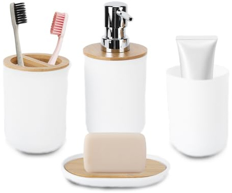 Bamboo Bathroom Accessories Set 4 Pieces White Toothbrush Holder Soap Dispe | Toothbrush Cup Soap Dish Lotion Pump Set, Plastic Bathroom Organizer For Sink Counter Hotel Home, White