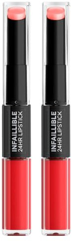 L'Oréal Paris Infaillible 24H Lipstick Flüssiger Lippenstift 2-in-1, langer Halt mit feuchtigkeitsspendender Pflegespülung mit Hyaluron-Gel, Farbe 501 Timeless Red – 2 Kosmetika