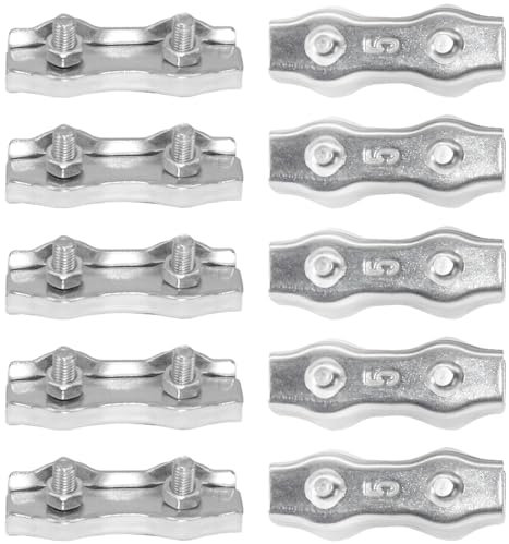 CEEYSEE 10 clip resistenti per funi metalliche, M5 304, in acciaio inox, doppio morsetto, dadi per funi metalliche, morsetti per cavi duplex, per il fissaggio di rack di asciugatura e corde di