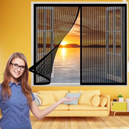 Fliegengitter Fenster Magnet 210 x 155 cm, Insektenschutz Polyester Atmungsaktiver Masche, Kinderleichte Montage für Alle Fenster, Schwarz