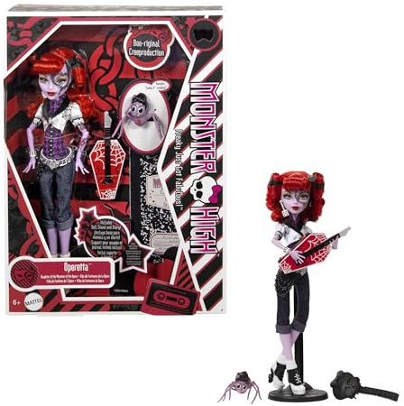 Monster High Gruselige Reproduktion der ursprünglichen Monster-High-Puppe, reproduzierte Operetta-Sammelfigur mit Puppenständer, Tagebuch und Haustier-Spinne Memphis Weberknecht, HYV90