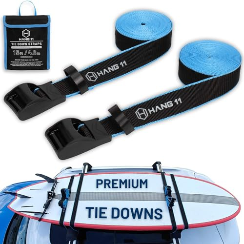 Hang 11 Surfboard Tie Down Straps for Roof Rack, Extra Long (15ft) & Wide (1.5), No-Scratch Silicone Buckles, Surfboard Straps for Roof Rack, Ideal to Secure a Paddle Board Kayak Canoe SUP on a Car