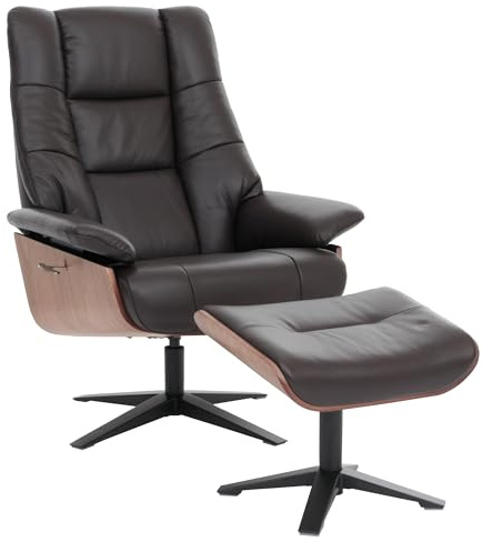 MCA Relaxsessel + Hocker HWC-N57 Holz Echtleder - braun | Fernsehsessel, Liegesessel