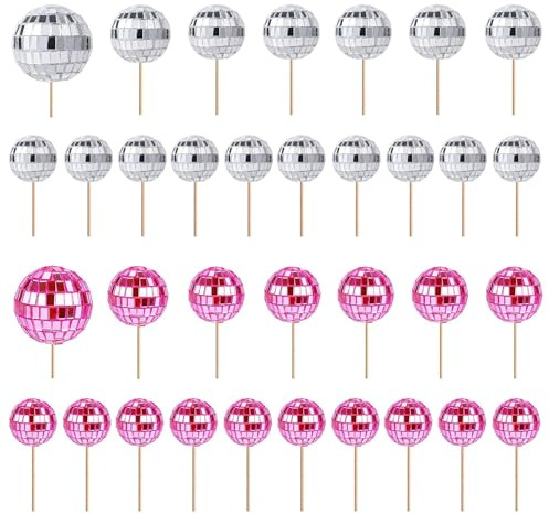 34pcs Disco Ball Cake Toppers, 70s Disco Ball Cake Decorations Cupcake Toppers Disco Themed Party Supplies for Birthday Disco Party, Pink+Silver