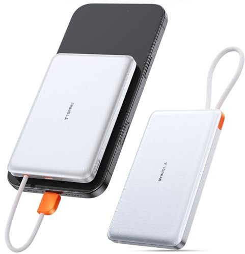 TORRAS Slim Powerbank mit USB-C Kabel, 10000mAh 22.5W PD3.0-Schnellladen Power Bank, Tragbare Externe Handyakkus für iPhone 17 Pro Max/Air/16/15, Samsung, AirPods(Nicht kabellos) Perlweiß.