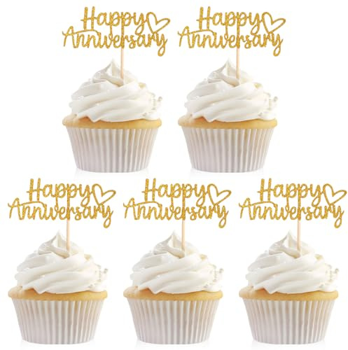 24Pcs Happy Anniversary Cake Topper, Golden Wedding Cake Topper Gold Cakes Toppers for Anniversary Theme Party