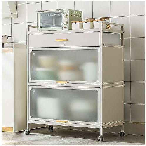 Estante de cocina con armario y cajón, soporte para microondas de 5 niveles y estantes de almacenamiento de metal en ruedas frenables para despensa de garaje, color blanco, 80 x 102 cm