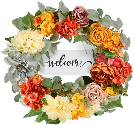 VEVOR Couronne décorative artificielle, 60,96 cm, couronne de fleurs artificielles, rouge orange jaune, décorée d'hortensias, roses, panneau en bois, pour toute l'année, pour maison, fenêtre, festival