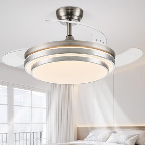 FIDGRA 48 Inch Fandelier Ceiling Fan with Light, Retractable Ceiling Fan with Lights for Bedroom Living Room Dinning Room, Chandelier with Fan 6 Speed, 3 Color Temperature-Brushed Nickel