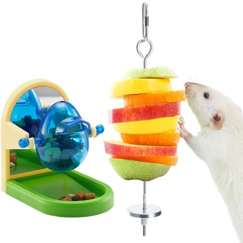 Jevnd 2Pcs Rat Enrichment Toys Set - Stainless Steel Fruit/Veg Holder & Treat Dispenser, Interactive Foraging Puzzle Toys for Rats/Mice/Birds, Cage Accessories with Hanging Feeder & Intelligence Game