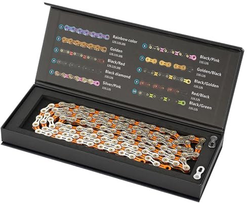 YLME Fahrradkette, Diamantartig Beschichtete 11-Gang-Fahrradkette, Holzdesign - Ultraleichte 116 L Bunte Kette Für Mountainbikes Und Rennräder,Silver orange