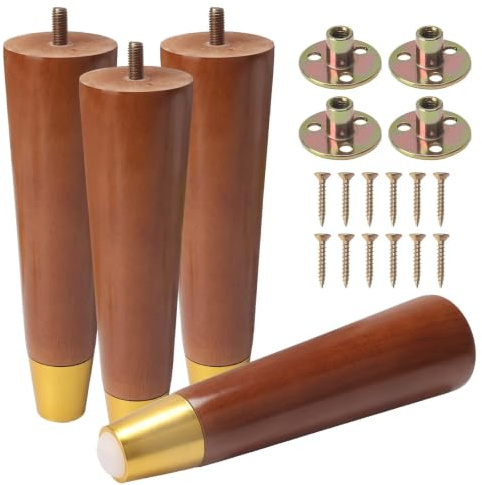 COEWUR 8inch Wooden Furniture Legs 20cm Solid Walnut Wood Replacement Sofa Legs Set of 4 Furniture Feet, Chair Leg with Gold Caps Pads Screws Mounting Plate for Couch Table Bed Cabinet TV Stand