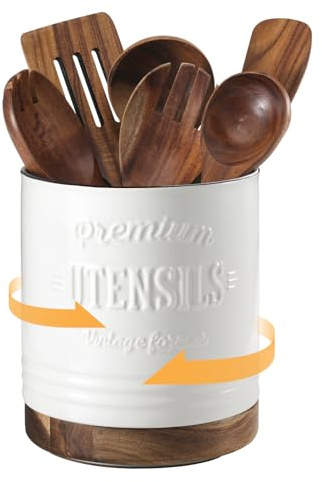 DOWAN Porte-ustensiles de cuisine, rotatif à 360°, récipient pour ustensiles de cuisine, style maison de campagne, porte-cuillère de cuisine, beige, décoration de cuisine