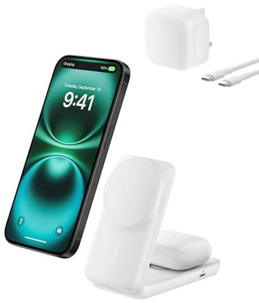 Belkin UltraCharge 2-in-1 Wireless Charger 25W, Qi2.2 Certified MagSafe Compatible Charger, Charging Station for iPhone 17, Air, AirPods, Pixelsnap, Magnetic Stand with USB-C Port, 45W Adapter - White