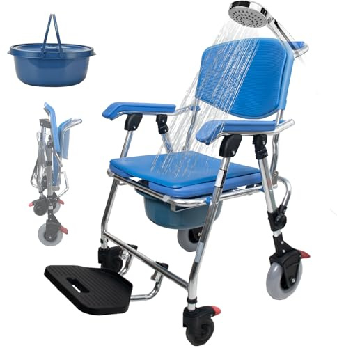 Aocay Duschstuhl für Senioren mit Rollen Klappbar, 3-In-1 Blau Toilettenstuhl für Senioren mit Rollen, 150kg Dusch Toilettenstuhl Fahrbar, Faltbarer Duschrollstuhl Aluminiumlegierung mit Urinal
