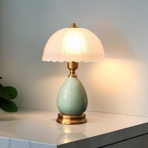 Chao Zan Vintage Keramik Tischlampe, retro schlafzimmer nacht lampe nachttisch lampe einfache, Glasschirm, 40 cm Höhe, Messing-Finish (Farbe: A)