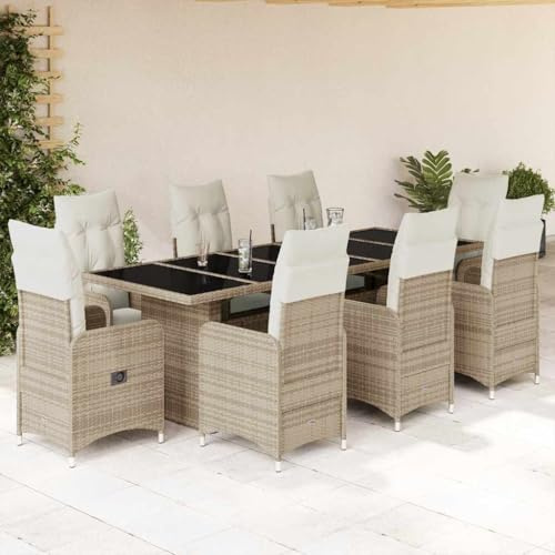 Set di 9 bistrò da giardino beige polyrattan, poltrona regolabile con cuscino, sala da pranzo all'aperto per terrazza, balcone, patio, mobili da giardino durevole con tavolo in vetro, resistente ai