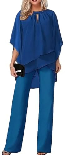 Traje de pantalón para mujer, de tul, juego de dos piezas con camisa de gasa y cintura alta, elegante, vintage, 2 piezas, para cóctel, fiesta, festivo, traje de noche para mujer, A azul2, L