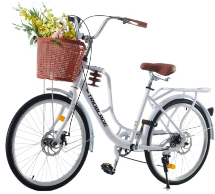 LSBIKE 24/26 Zoll Damen Fahrrad mit Korb, Frauen Mädchen 7-Gang Citybike, Mit Tassenhalter und leichtem Gepäckhalter, Doppelscheibenbremse Stadt Fahrrad, Vintage Fahrrad mit Reflektoren
