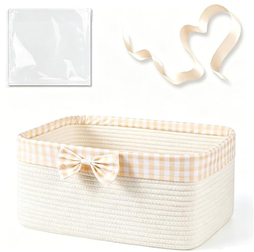 Sukizifa Hamper Basket, Cotton Gift Basket 34 × 25 × 15 cm | White woven storage basket with clear gift bag and ribbon, for baby showers, birthdays, 1 set