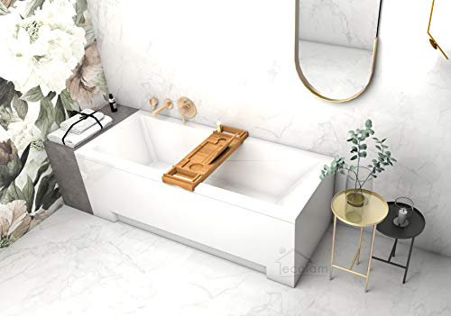ECOLAM® Badewanne Wanne Rechteck Modern Design Acryl weiß 140x70 cm + Ablage Bambus + Schürze Ablaufgarnitur Ab- und Überlauf Automatik Füße Silikon Komplett-Set