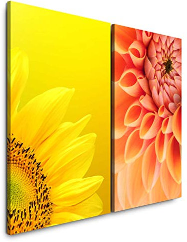Paul Sinus Art Wandbild 2 teilig je 60x90cm Dahlie Sonnenblume Gelb Nahaufnahme Sommer Warm Blüte